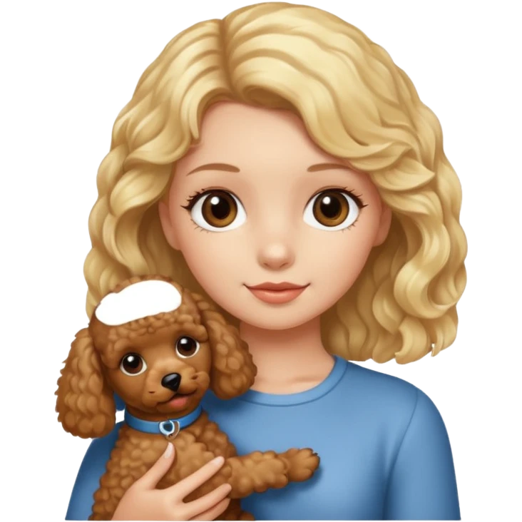 A blond girl holding a puppy brown poodle  emoji