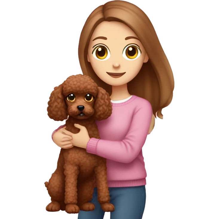 Pretty green eyed white girl with straight long brown hair in a pink sweater holding a brown toy poodle emoji