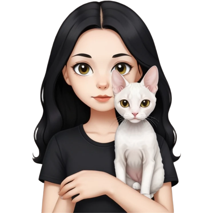 a  girl with black long hair with a white devon rex with black shirt emoji