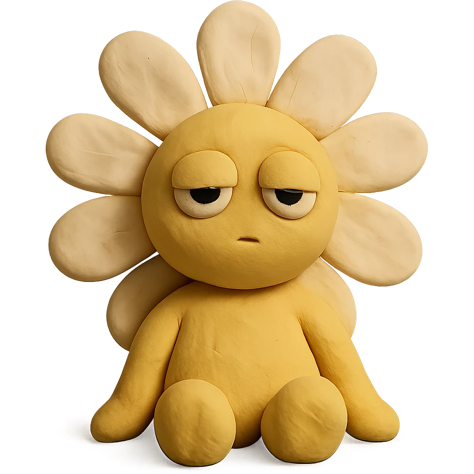 creamy white daisy flower with sleepy half-lidded eyes, sitting down with a blank stare, extremely soft round pastel character, claymation style emoji