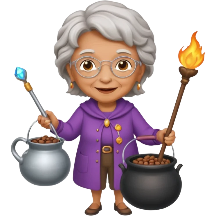 A grandma walking with a magic wand and a cauldron while holding a can of beans emoji