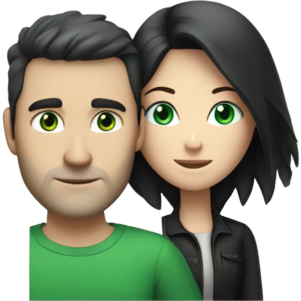 White brunette man with blue eyes hugging white woman with long straight black hair and green eyes emoji