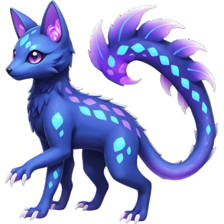 Rare realistic dark-indigo pastel-violet nebulae shiny sparkly dark-neon glowing bioluminescent edgy badass epic pretty beautiful handsome gorgeous aesthetic colorful vibrant Vernid-Trico-species-Fakemon-creature by LiLaiRa, 4 legs, 1 tail, random markings, (full body) emoji