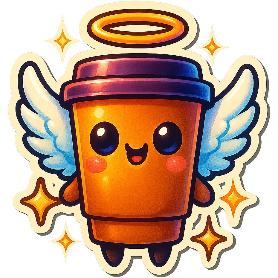 Tall coffee cup, shiney eyes, angel halo, wings, star sparkles emoji