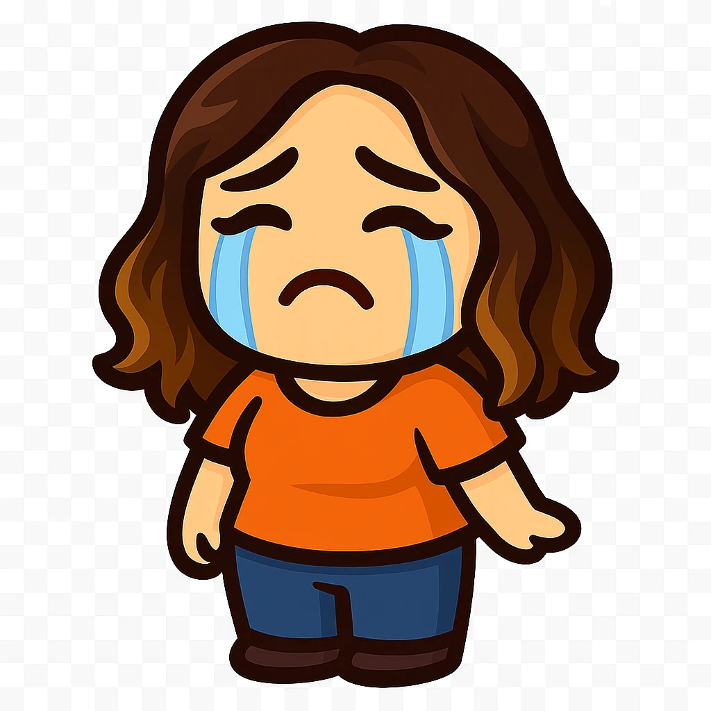 Sticker style chibi emote, matching the attached green heart emote as a base. Woman from reference, orange t-shirt and blue jeans, crying with big tears, cute sad face, no headband, no wand, transparent background. Top color should not match jeans. emoji