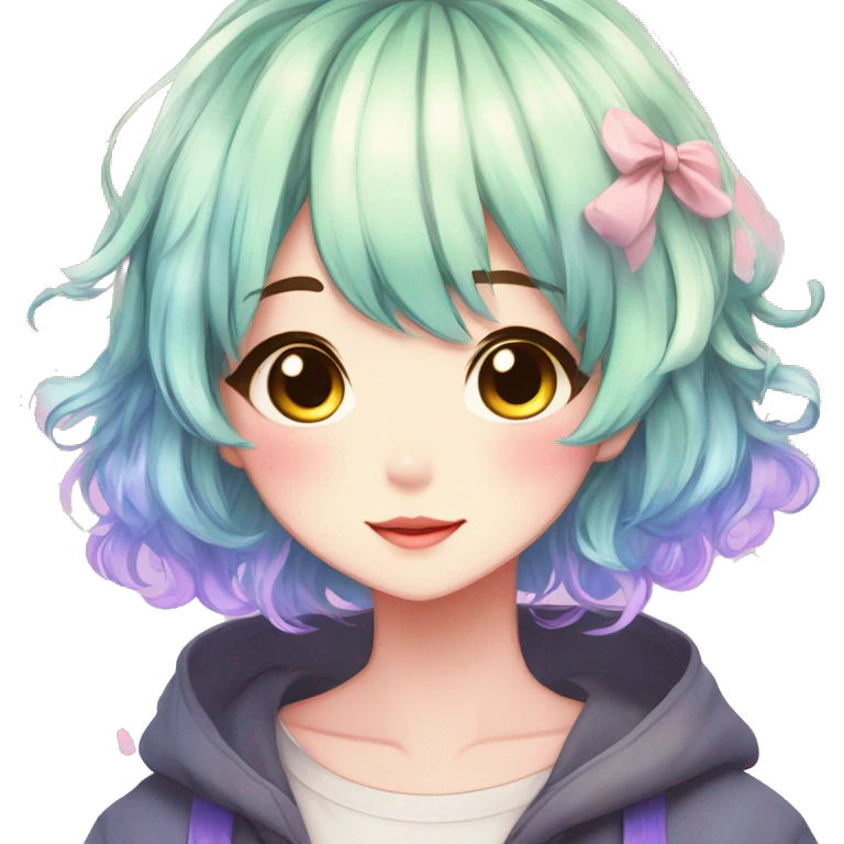 Gorgeous anime style shojo character with blushing face aesthetic and pretty colorful shiny gradient hair with hair garment trending style emoji