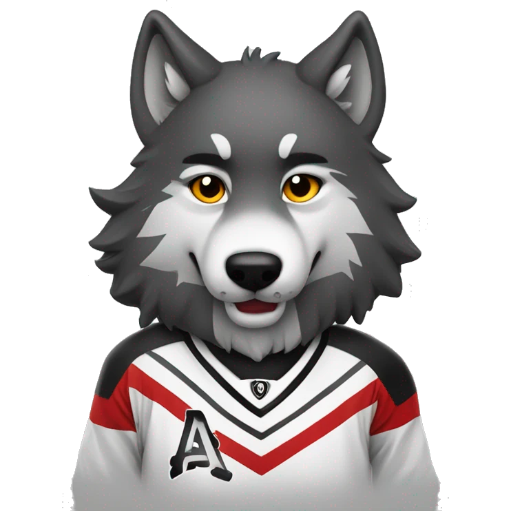 A wolf plays hockey in a black and white red uniform with a wolf emblem on his chest emoji