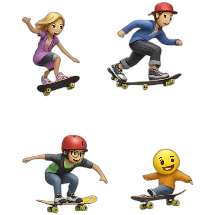 two characters are skateboarding and one character is rollerblading and all three are rolling on a puddle emoji