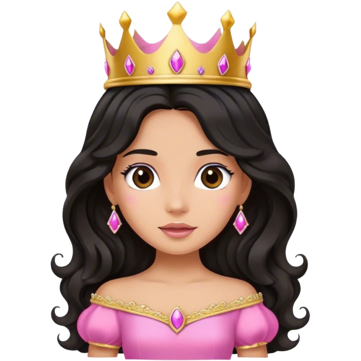 Very tanned princess, with long black wavy hair and a crown, a pink princess Outfit with a cute expression emoji
