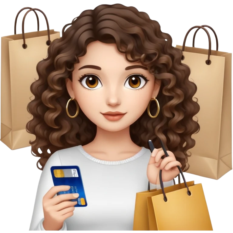cute girl LONG LONG brunette balayage curly/wavy not voluminous hair, brown eyes, hoop earrings, natural pretty clean makeup: holding a credit card and lots of shopping bags emoji