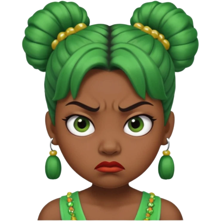Create a 3D cartoon-style girl character with dark skin, round face, angry expression, big wide eyes, and tightly styled double buns made of green beaded hair. The girl should look irritated, eyebrows sharply angled, and lips pressed in a frown. emoji