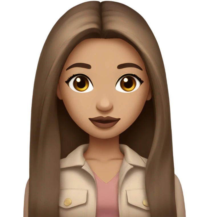 Albania girl, clean girl look, light skin, long eye lashes, pink beige volume lips, brown eyes, long brown ombre straight hair,  emoji