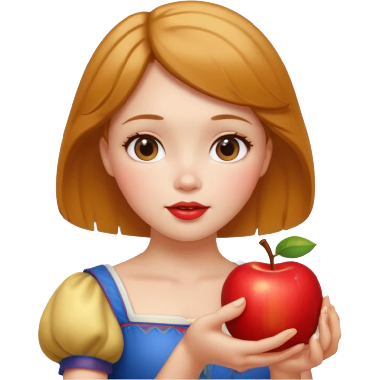 Create an emoji of Snow White holding a red apple, with short golden-brown hair. emoji