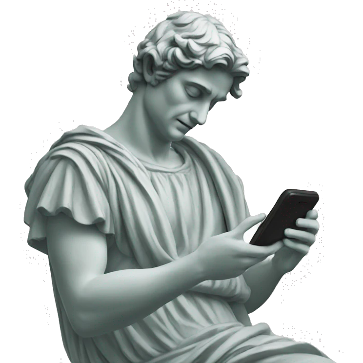 italian statue looking at cellphone emoji