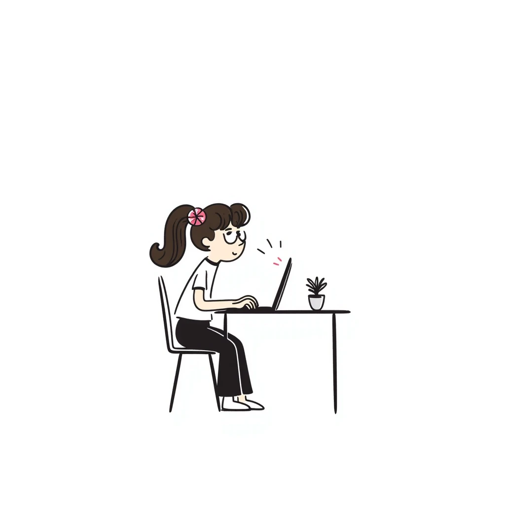 a girl with brunette hair and a pink flower clip in her hair working on a laptop, hand-drawn doodle style emoji