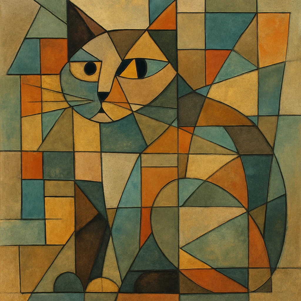 {
  "style_description": {
    "name": "Cubist Abstraction",
    "overall_look": "Deconstructed, multi-perspective abstraction with intersecting geometric planes",
    "composition": {
      "structure": "Fractured and fragmented shapes that overlap and intersect",
      "perspective": "Multiple simultaneous viewpoints, often distorted or rotated",
      "layout": "Asymmetrical, collage-like arrangement of visual elements"
    },
    "geometry": {
      "shapes": ["rectangles", "triangles", "trapezoids", "irregular polygons"],
      "edge_style": "hard, angular lines with minimal curves",
      "dimensionality": "flattened depth with layered planes"
    },
    "color": {
      "palette_type": "muted and earthy tones with occasional vivid accents",
      "application": "flat fills, overlapping transparencies, and color-blocked segments",
      "shading": "minimal or abstract, without realistic gradients"
    },
    "texture": {
      "use": "optional",
      "types": ["paper grain", "brushstroke pattern", "canvas roughness"],
      "purpose": "to evoke an analog, hand-rendered quality"
    },
    "subject_treatment": {
      "representation": "symbolic and abstract rather than literal",
      "distortion": "intentional exaggeration and fragmentation of form",
      "focus_on": ["structure", "form relationships", "compositional rhythm"]
    },
    "background": {
      "style": "integrated with subject forms",
      "purpose": "to emphasize the composition rather than isolate figures"
    },
    "render_constraints": {
      "avoid": ["realistic lighting", "photorealism", "perfect symmetry"],
      "encourage": ["overlapping shapes", "multi-angle views", "abstract composition"]
    }
  }
}

{subject} = cat emoji