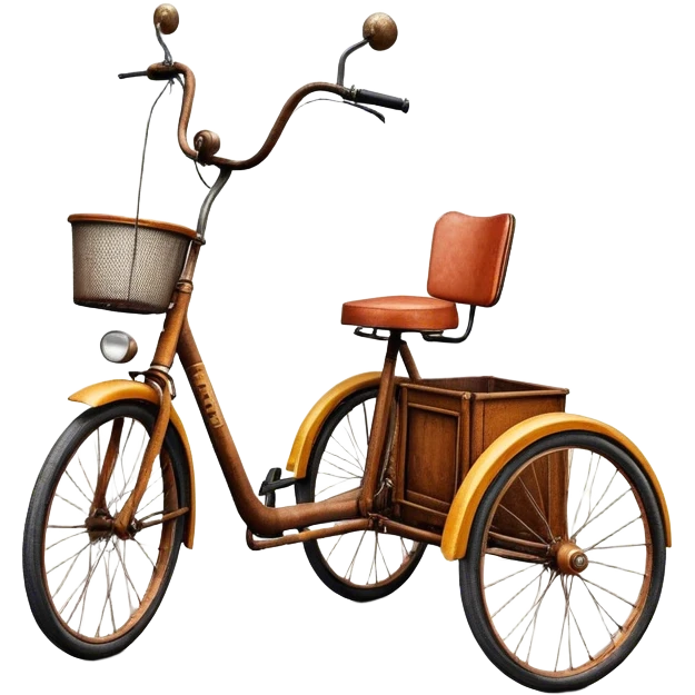 ​Cinematic Realistic Tricycle Rickshaw, depicted as a vintage manually operated vehicle featuring two front wheels and a single rear wheel, rendered with detailed rustic textures, vibrant colors, and dynamic urban lighting that captures its unique design and cultural charm, emoji