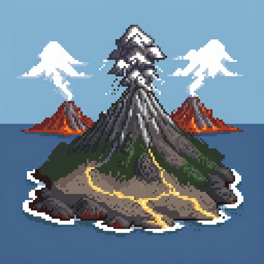 Volcanic island with multiple erupting peaks and ash clouds emoji
