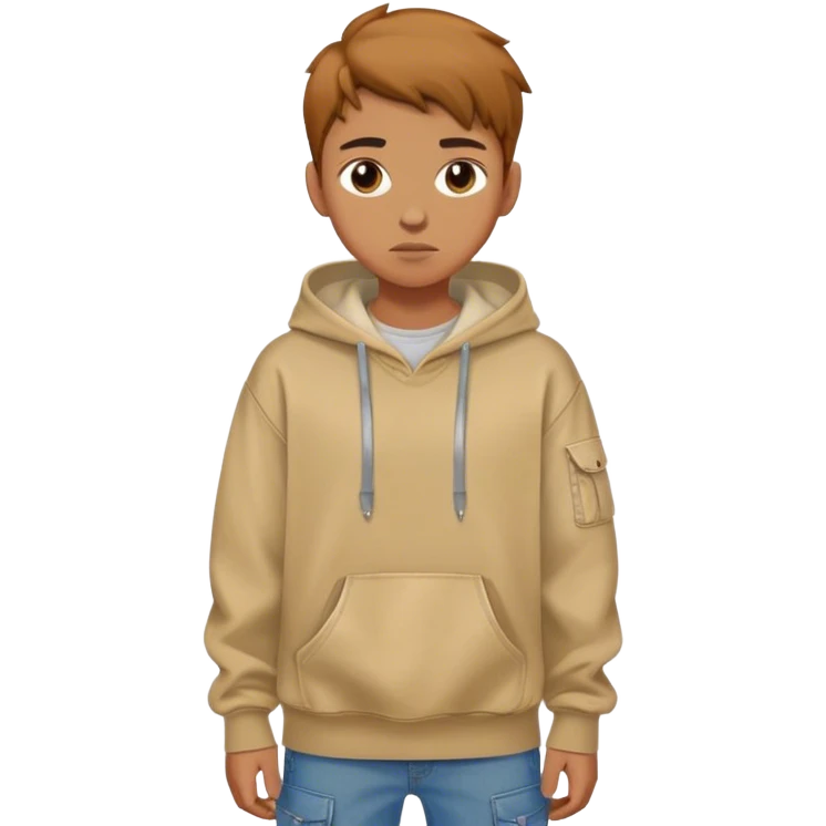 a teenage boy with caramel skin and caramel hair with a low tupper hair but shorter, shaved. baggy beige hoodie and cargo jeans emoji