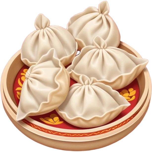 Chinese New Year dumplings Jiaozi with red background elements, simplified emoji style with bold outlines and bright colors, cartoon style festive food emoji