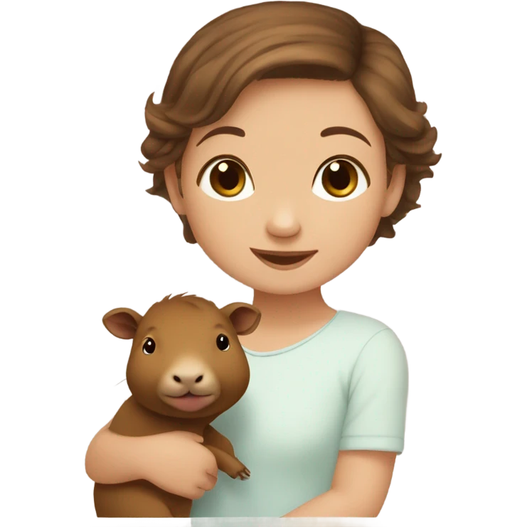 happy little baby gorl girl with brown hair holding capybara  emoji