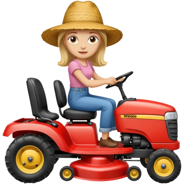 White woman without glasses wearing a straw hat, on old Westwood ride on lawn mower.  emoji