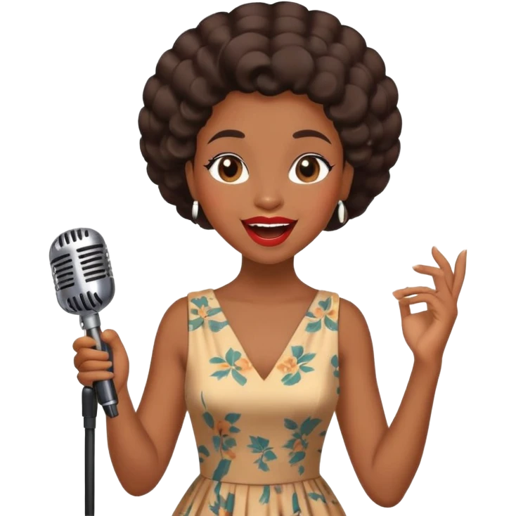 Black jazz singer girl, vintage dress, microphone, joyful expression emoji