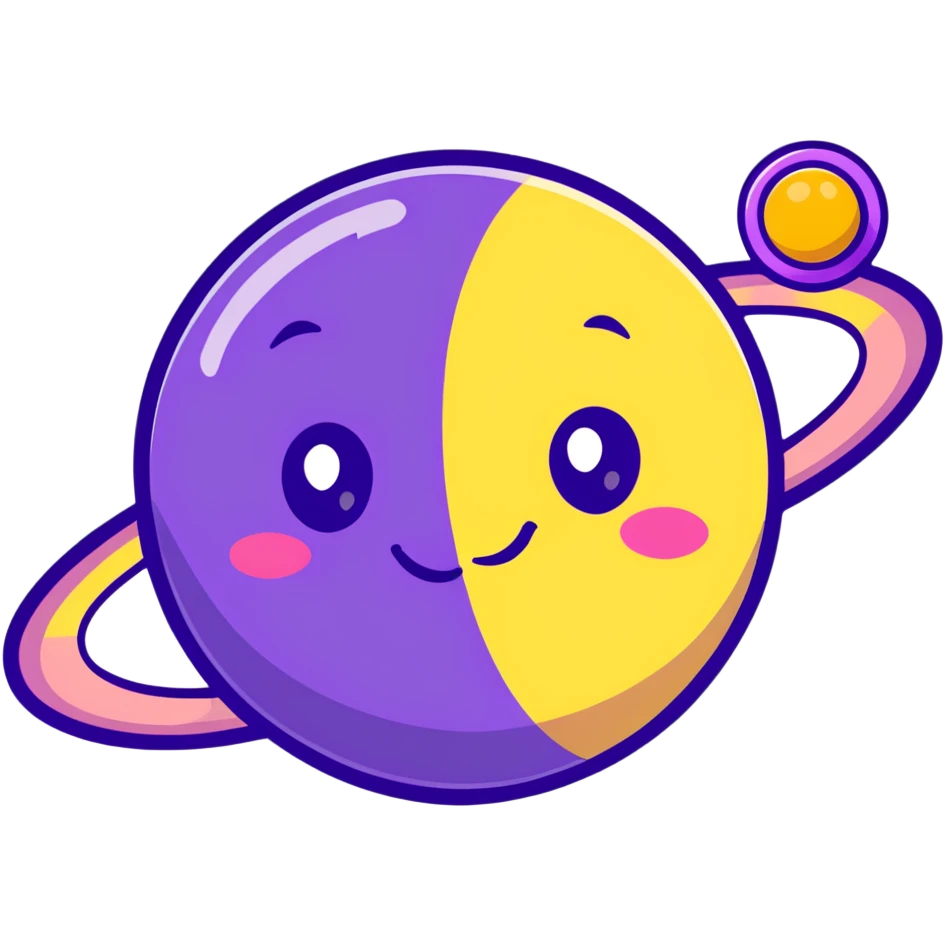 purple planet with colorful rainbow rings and a cute happy face with rosy cheeks emoji