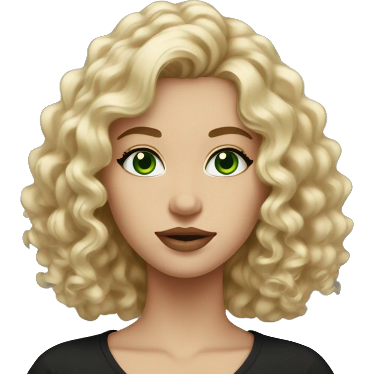 Woman blonde curly medium length hair, green eyes, neutral lips black shirt emoji