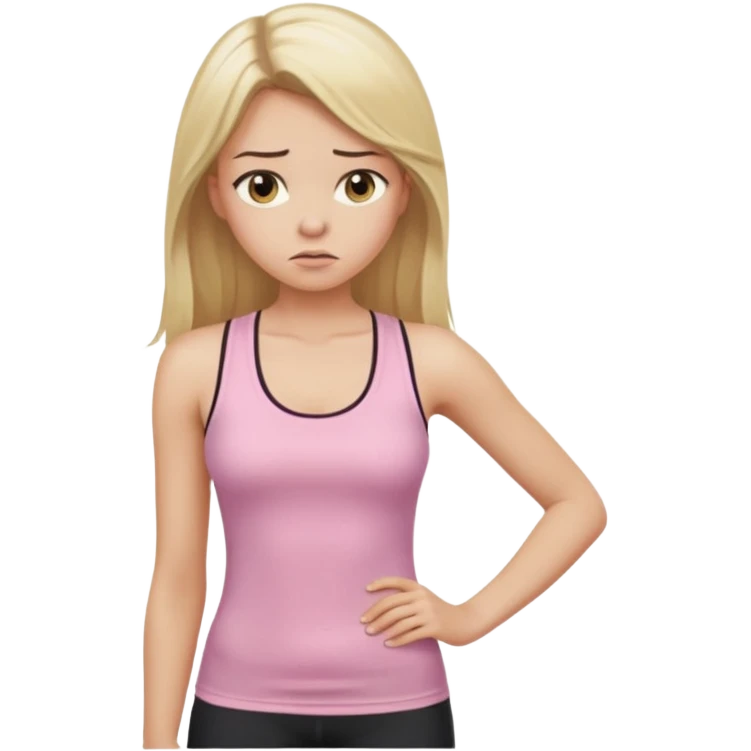 Create a young woman with long blonde hair, golden eyes, and medium-light skin tone, wearing a light pink tank top and leggings. She should be in portrait mode, but with a subtle doubting facial expression—slightly raised eyebrow, small frown, .  and her hand next to her chin like this emoji 🤔 emoji