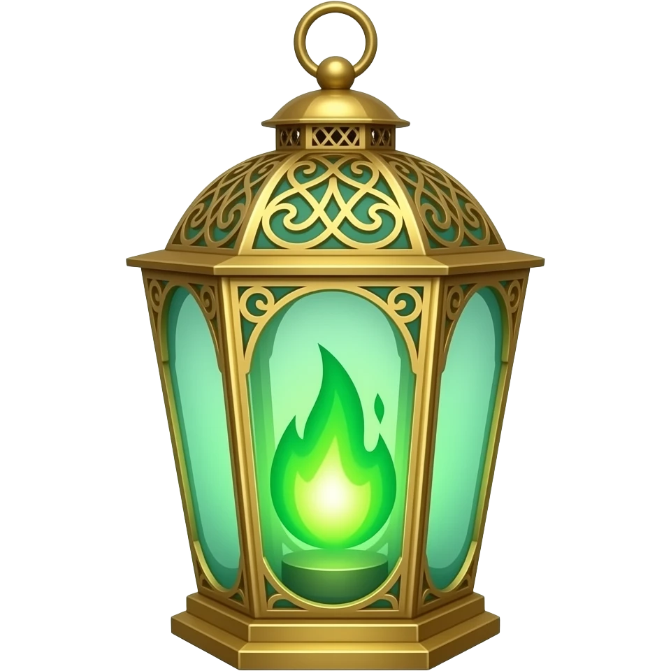 A golden hanging lantern with a bright emerald green flames, an empty loop on top, fae filigree themed, but simple focus more on the green flames, paint the glass more green emoji