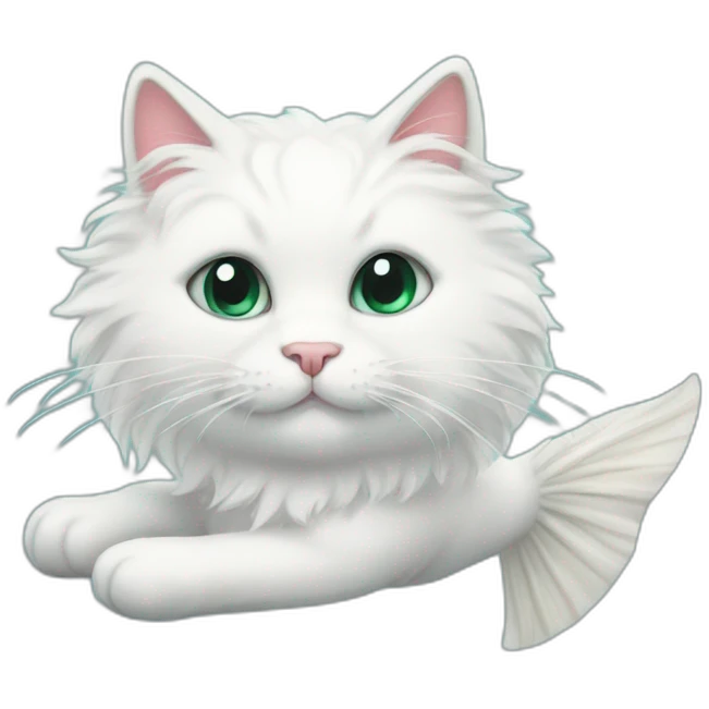 white fluffy cat with mermaid fish tail emoji