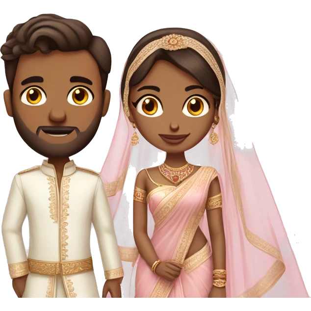 White western bride in saree without veil and tall brown indian groom in pale pink outfits  emoji