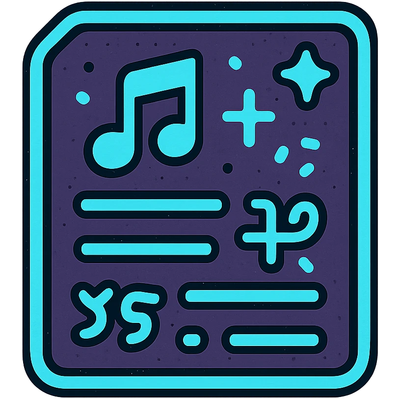 icono de letras de canciones con textura antigua-futurista y glifos brillantes, borde de neón azul claro, efecto animado de glifos y resplandor emoji