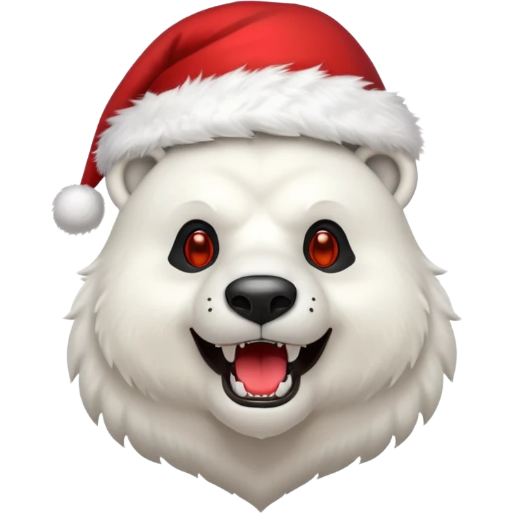Polar bear and wolf hybrid with sabertooth fangs; smiling; wearing a Santa hat  emoji