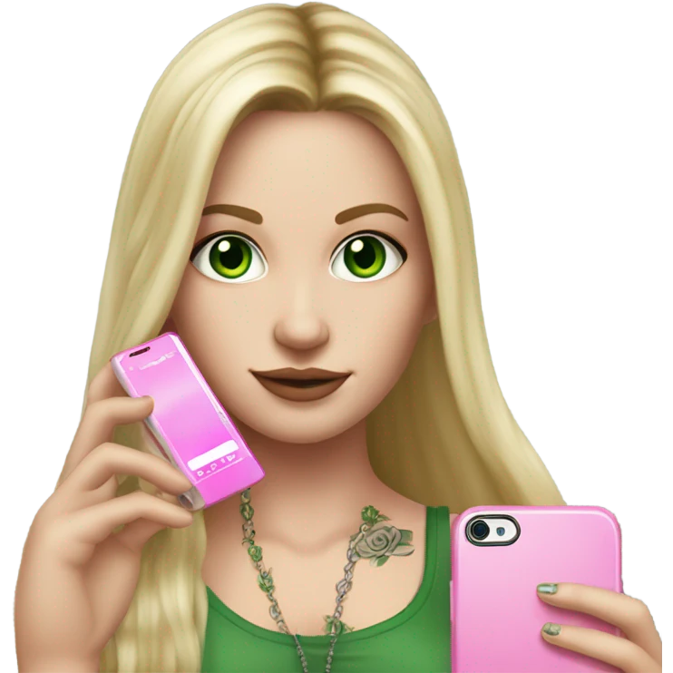 Realistic White girl with Long straight blonde hair, green eyes, tattoos, full body wearing white crop top, holding pink phone emoji