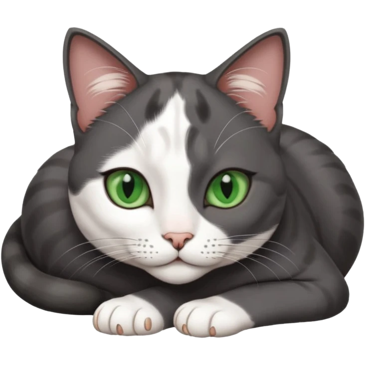 beautiful female solid dark grey cat with green eyes, white toes/paws and white patch on her chest lying down emoji