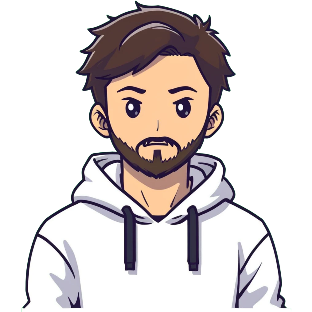 anime style man with short full beard, dark brown undercut hairstyle, white hoodie, and green eyes emoji