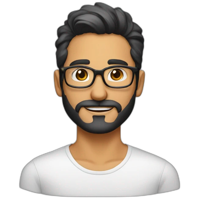 Hombre de 30 años con gafas y barba abierta con cabello negro y ojos color cafe emoji
