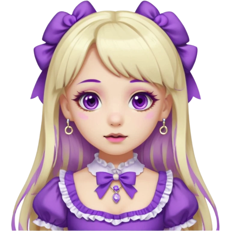Ai pale girl , who has straight long length blonde and purple swirled hair , hazel eyes , and doll like makeup , with a septum piercing, nostril piercing, in a purple lolita hime gyaru dress emoji emoji