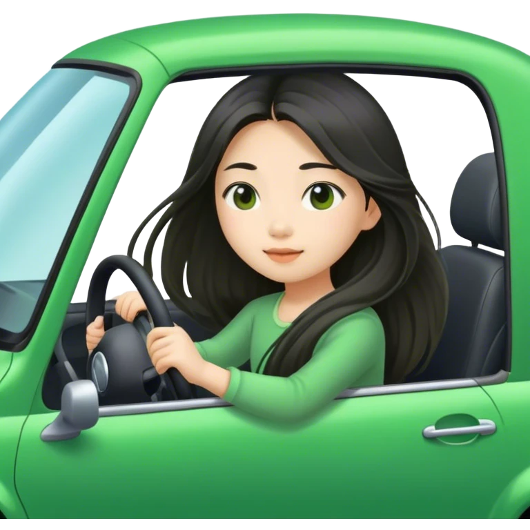 Long hair asian girl driving on her way in a green car  emoji