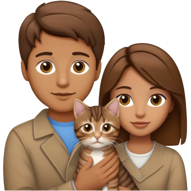 A couple with brown hair, a brown tabby kitten emoji