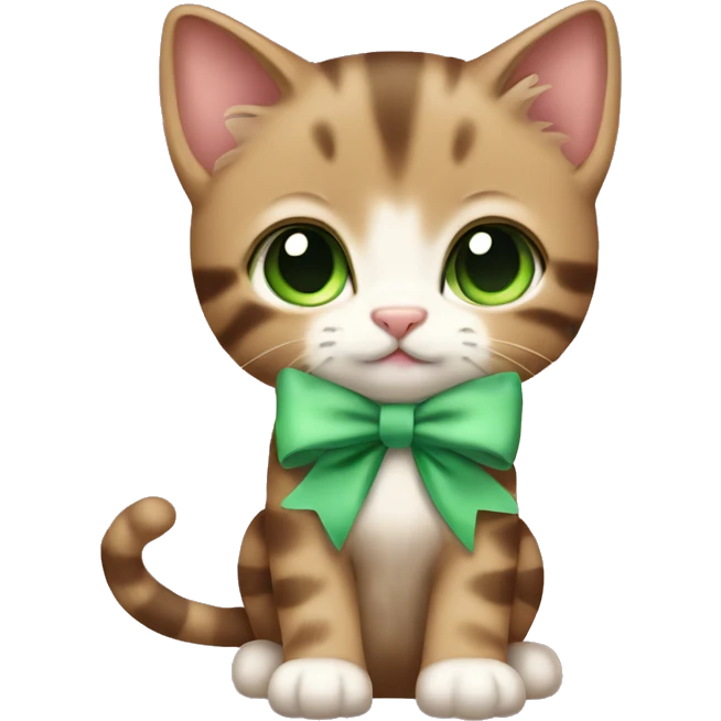 extremely cute kawaii brown tabby kitten with green eyes and pastel green bow full body emoji