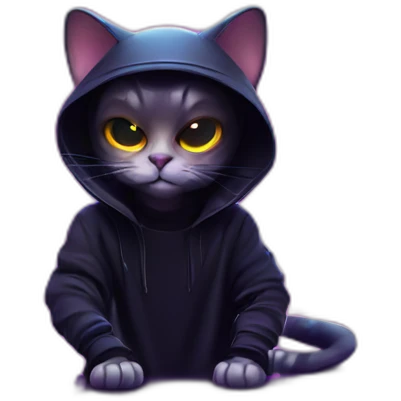cat wearing a black hoodie with "OMG" letters on it and VR headset in a cyberpunk VR environment with violet neon lighting. emoji