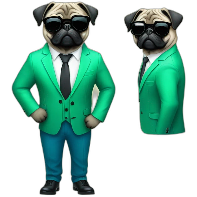 dog pug-in-gradient-green-blue-suit-with-and-black-sunglasses-standing-with-black-shoes emoji