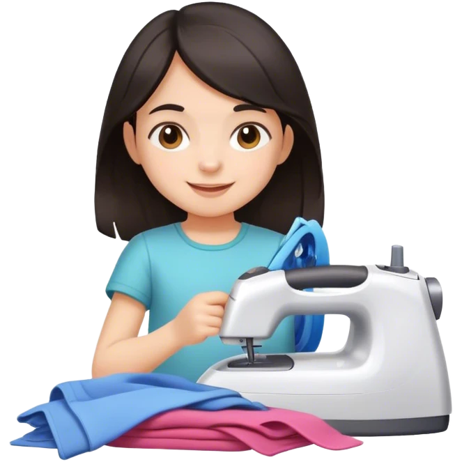 cheerful little girl with dark hair and pile of clothes to iron emoji