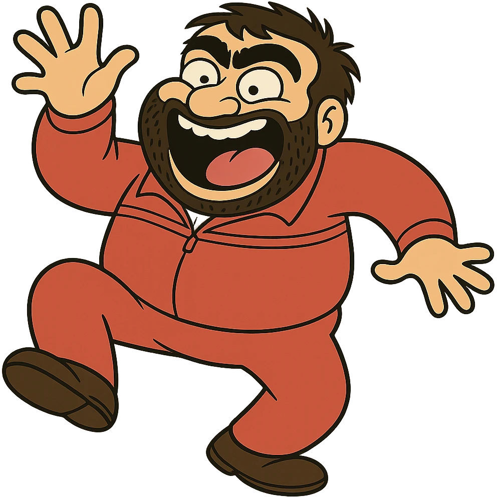 Make Recep İvedik in a much funnier pose with an exaggerated facial expression, wearing a red tracksuit, no background, in flat toon style. emoji