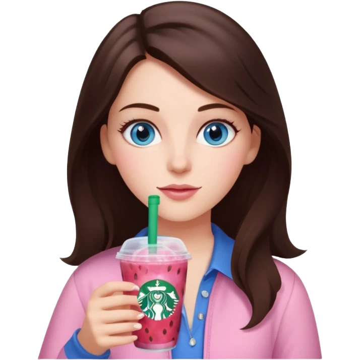 make an emoji of a brunette blue eye girl wearing light pink drinking a strawberry acai refresher from starbucks emoji