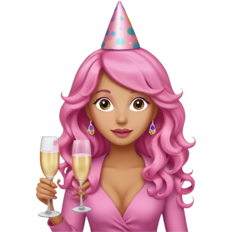 One lady with long pink curled hair and tan skin holding a glass of  pink champagne in each hand emoji