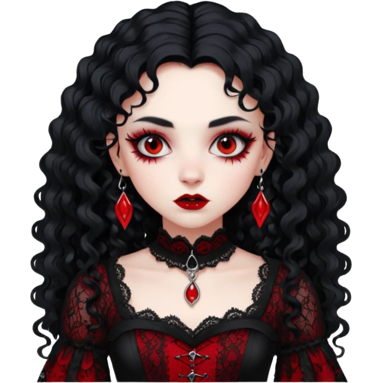 A girl with a red goth vampire look in a black and red goth lace dress with long sleeves and long black curly hair bold look on her face emoji